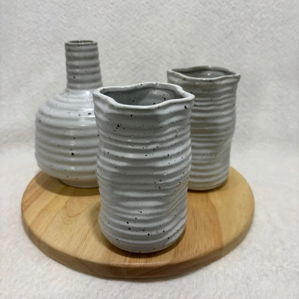 Minimalist Speckled Ceramic Vase Set 3-Piece Organic Wavy Edge Modern Grey Decor